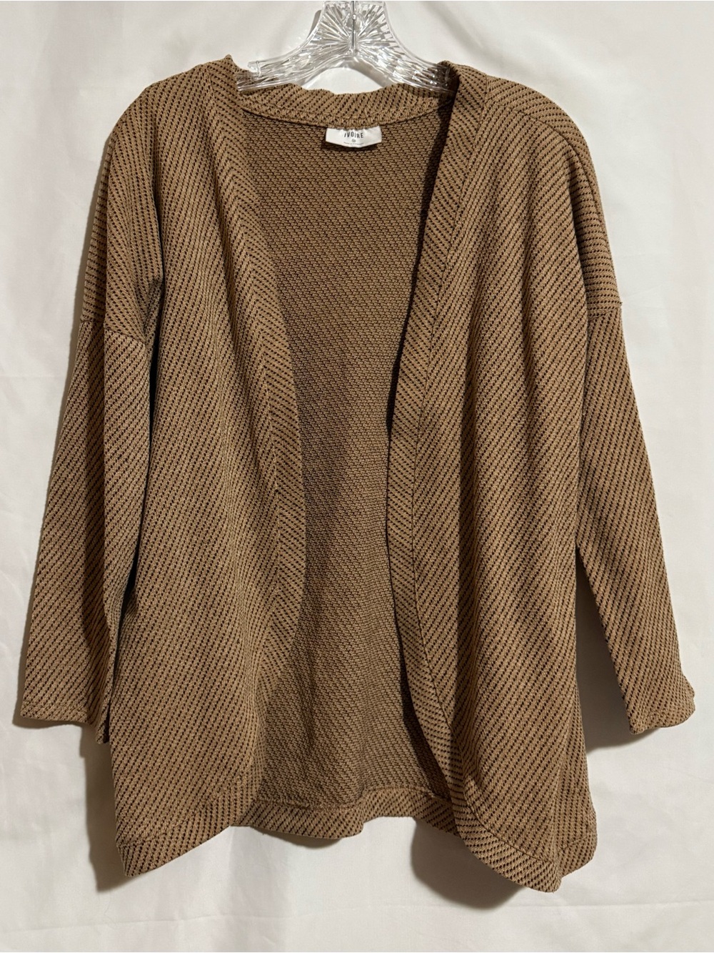 IVOIRE Women's M Beige Black Herringbone V-Neck Knit Open Front Cardigan
